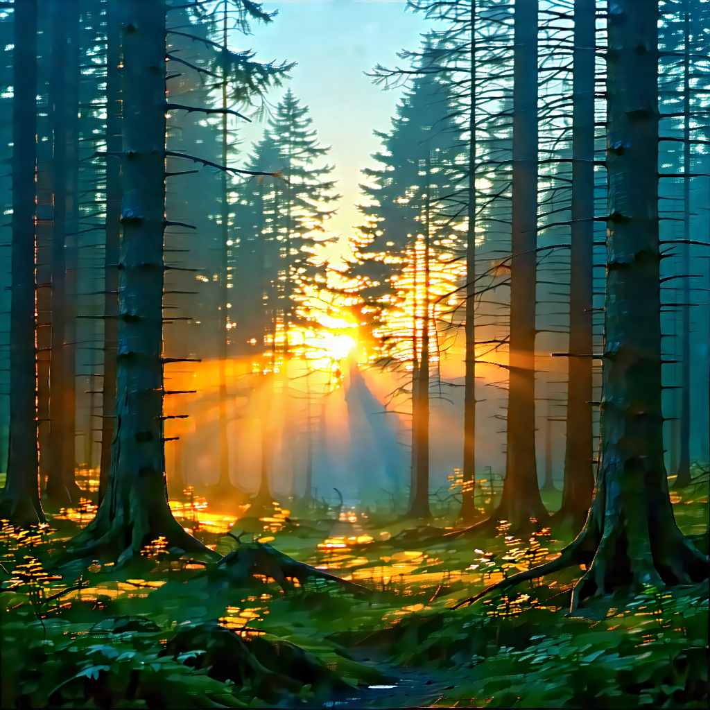 Nature Flat Design: Forest Scene During Sunrise With Image, There
