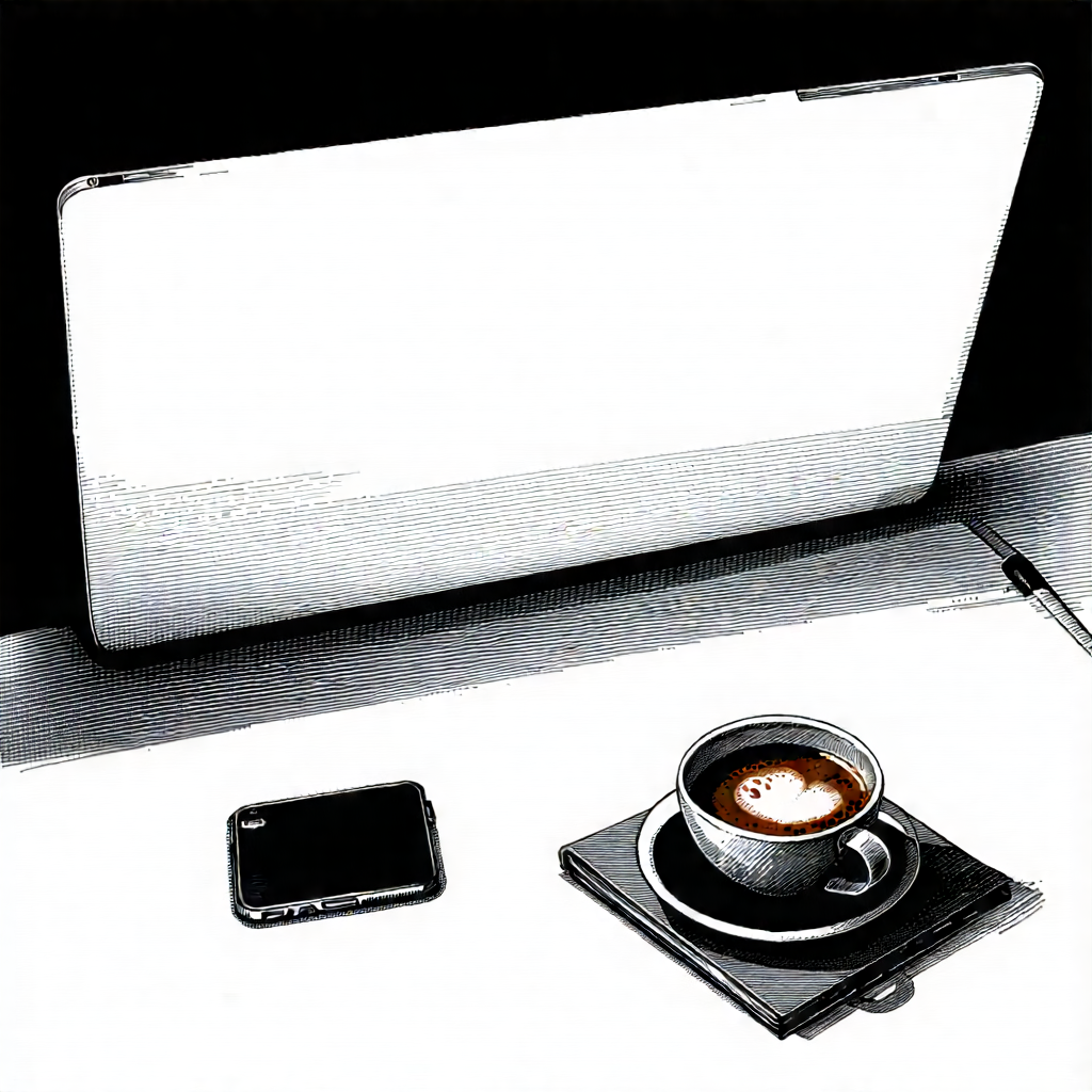 Business Ink Drawing: Workplace With Laptop And Coffee On Desk With Laptop Computer