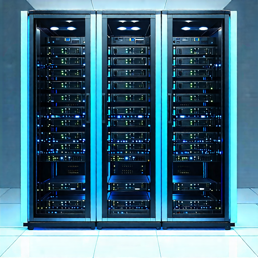 Tech Watercolor Painting: Server Rack With Blue Light Glow With Large, Blue,
