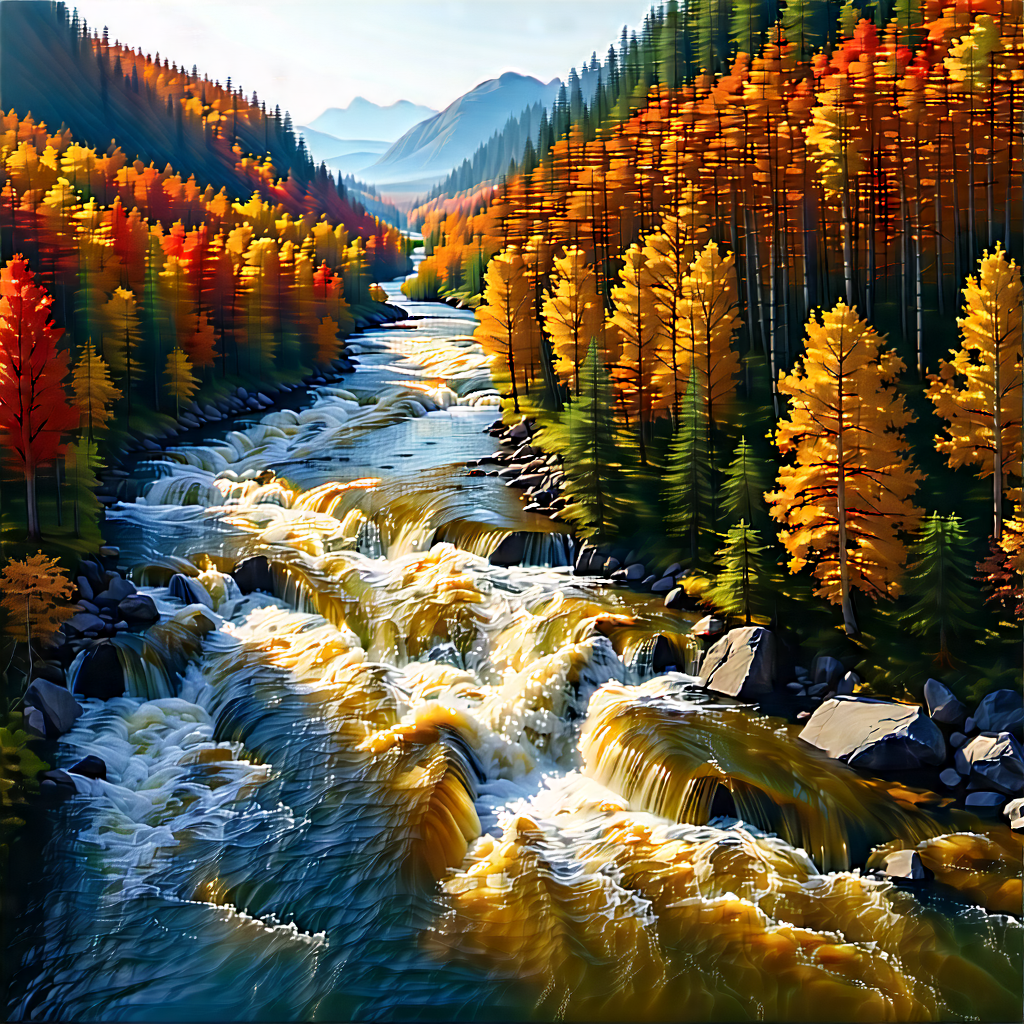 Nature Infographic Style: Rushing River Surrounded By Autumn (trees:1.36) With Beautiful Scene