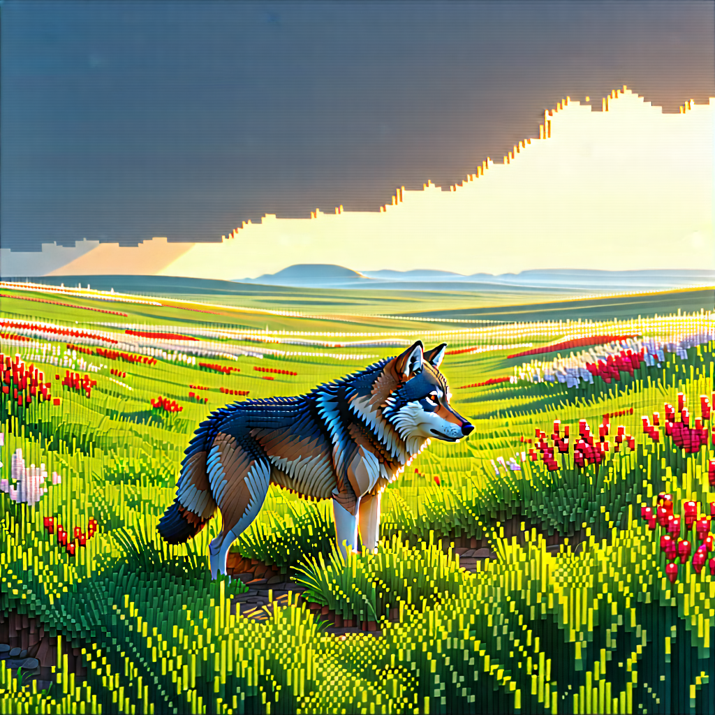 Nature Voxel Art: Wolf In Prairie Grassland With Colorful, Pixelated