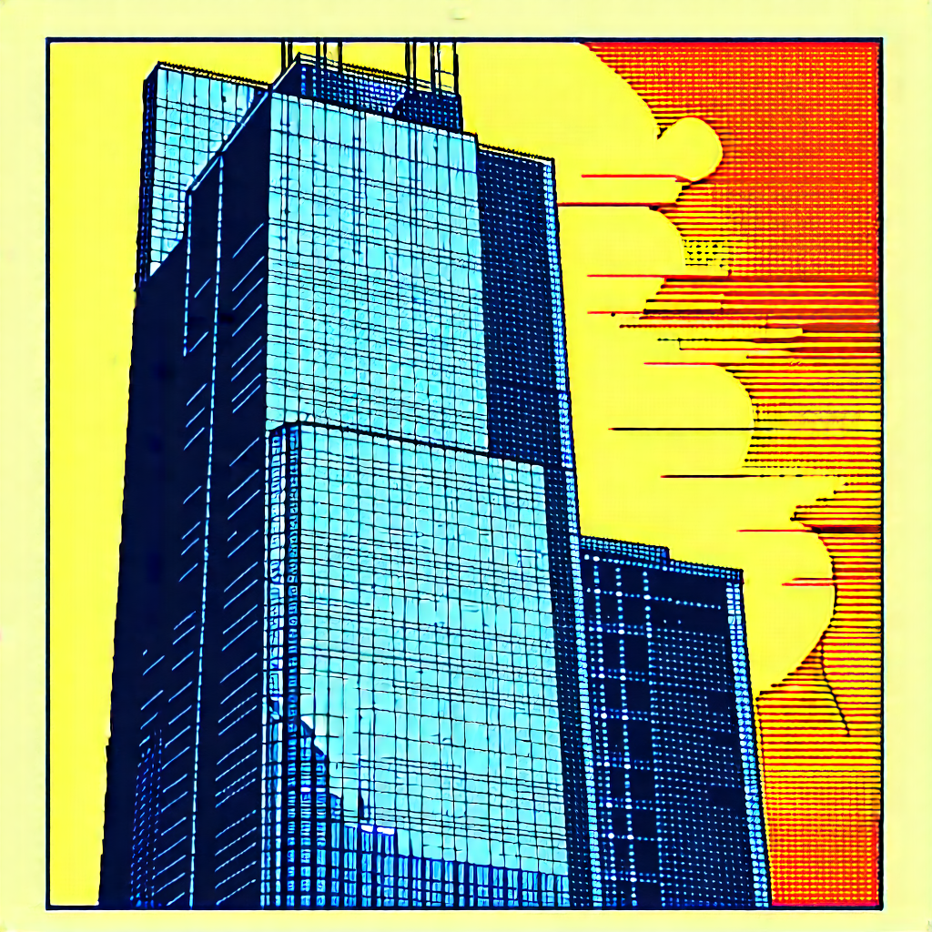 Urban Linocut Print: Skyscraper With Reflective Glass With Large, Tall