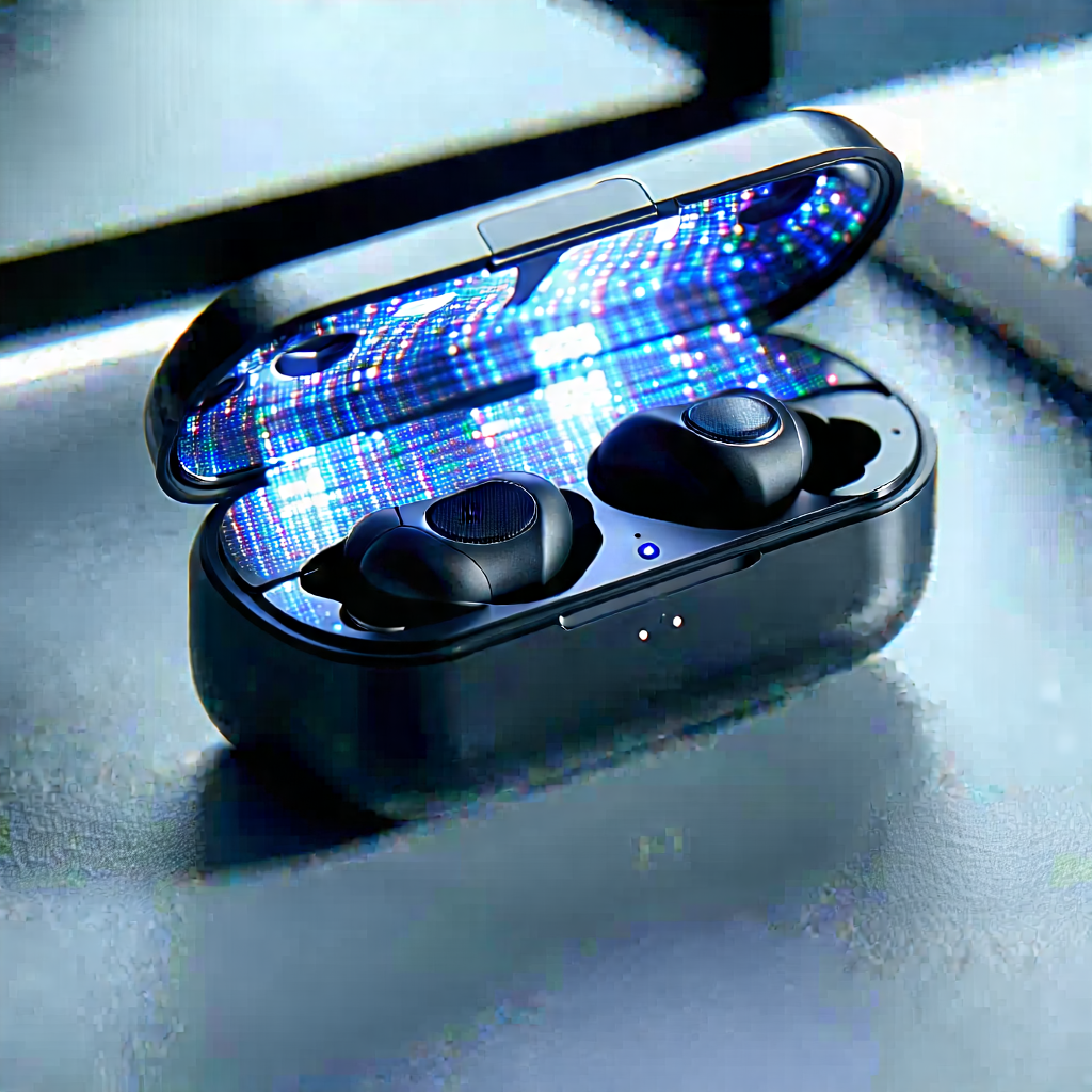 Tech Tilt-shift Photography: Wireless Earbuds With Holographic Display With Black Case