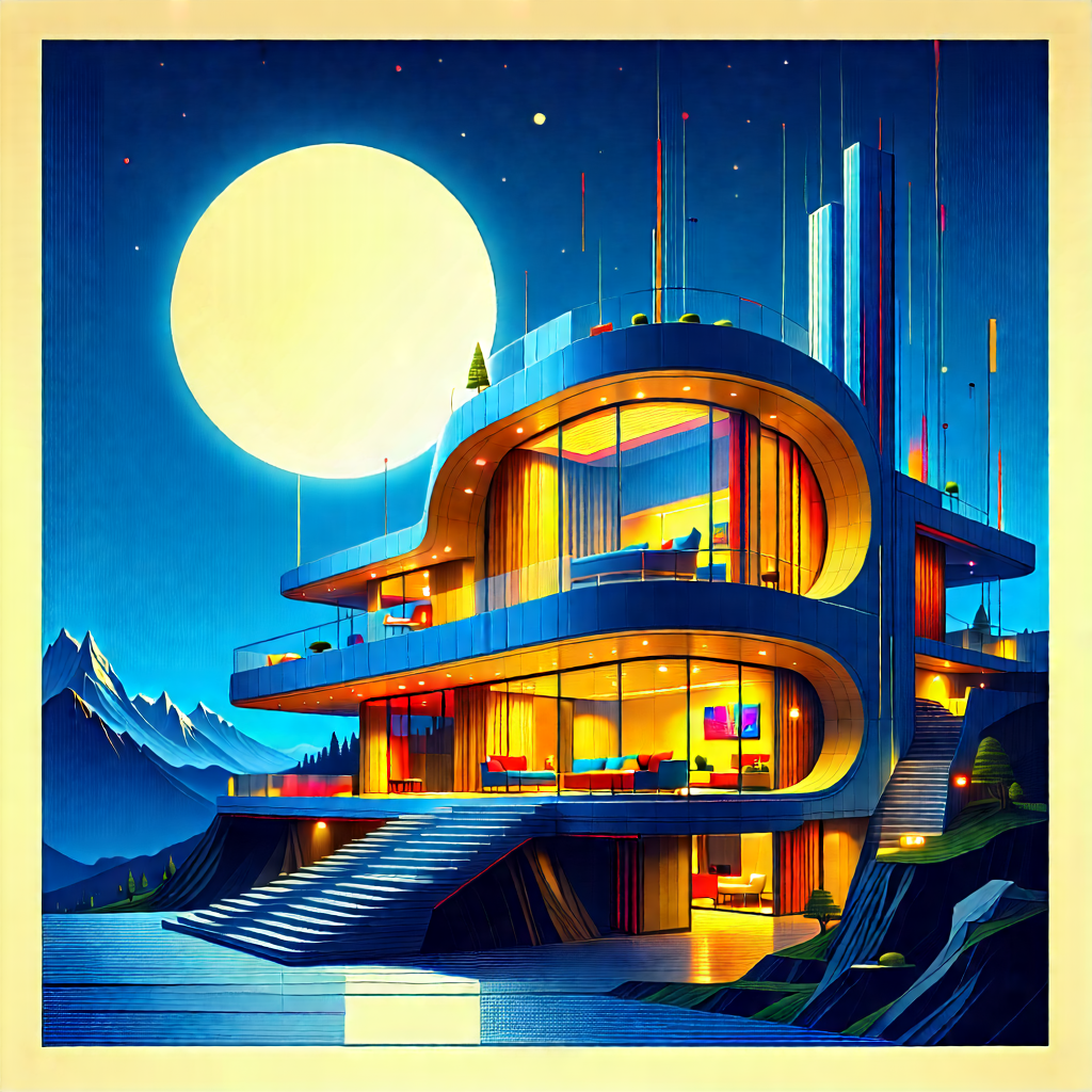 Tech Woodcut Print: (futuristic:1.37) Smart Home With Colorful, Detailed