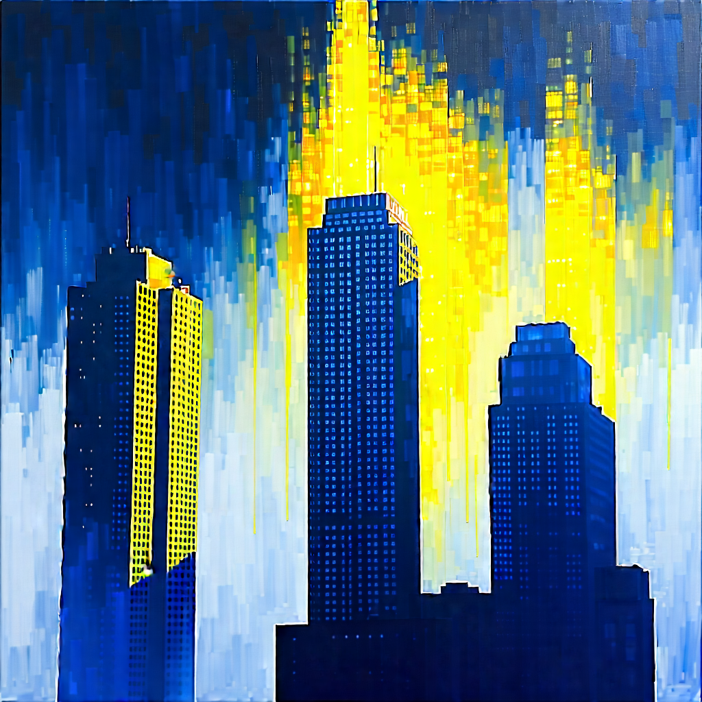 Urban Gouache Painting: Skyscraper with dramatic lighting