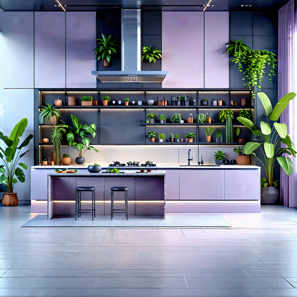 Lifestyle Pastel Drawing: Modern Kitchen With Plants And Natural Elements With Large, Modern