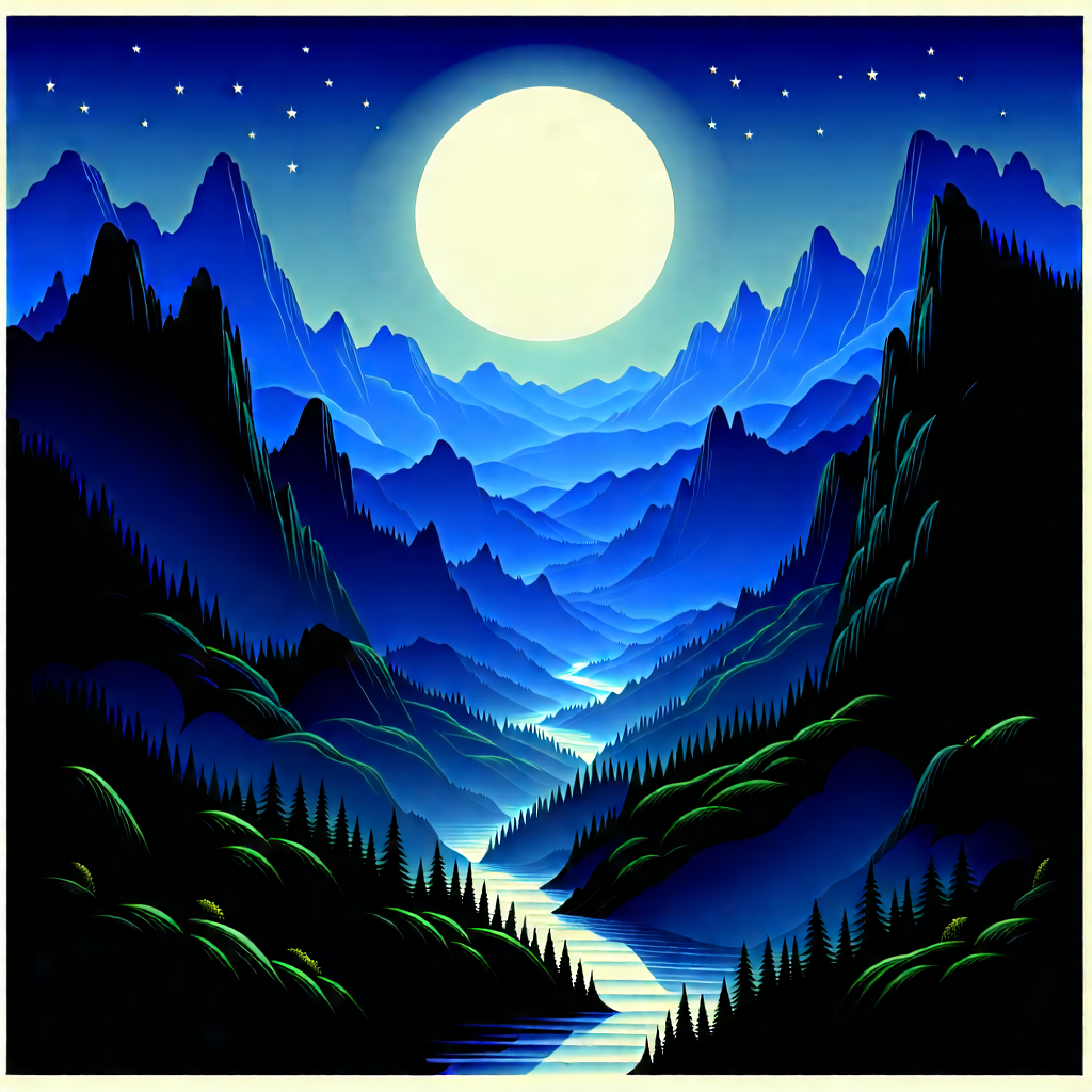 Nature Linocut Print: Valley During Night With Beautiful Mountain