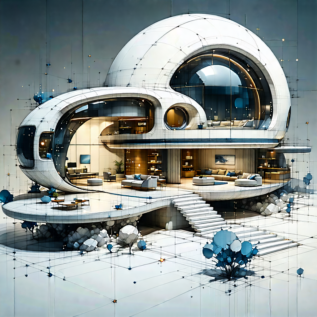 Tech Ink Drawing: (futuristic:1.47) Smart Home With Futuristic, White,