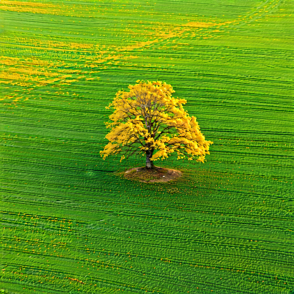 Nature Aerial Photography: Ancient Tree In Autumn Colors With Lone Tree