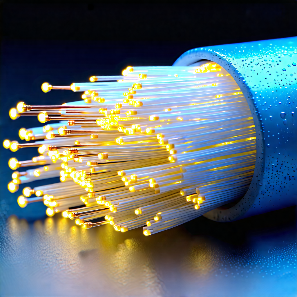 Tech Watercolor Painting: Close-up Of Fiber Optic Cables With Blue Wire