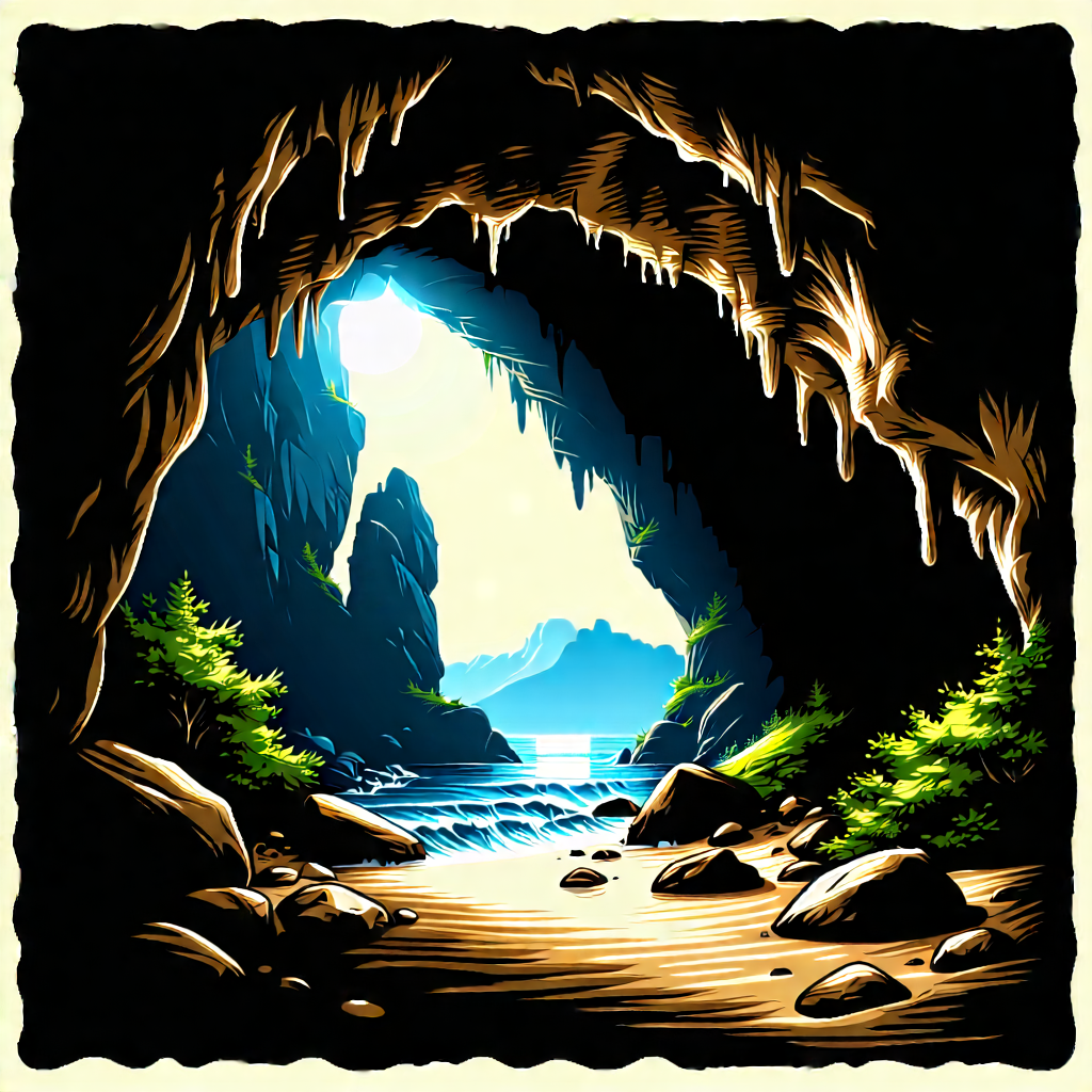 Nature Woodcut Print: Cave Entrance In Summer With Image, There