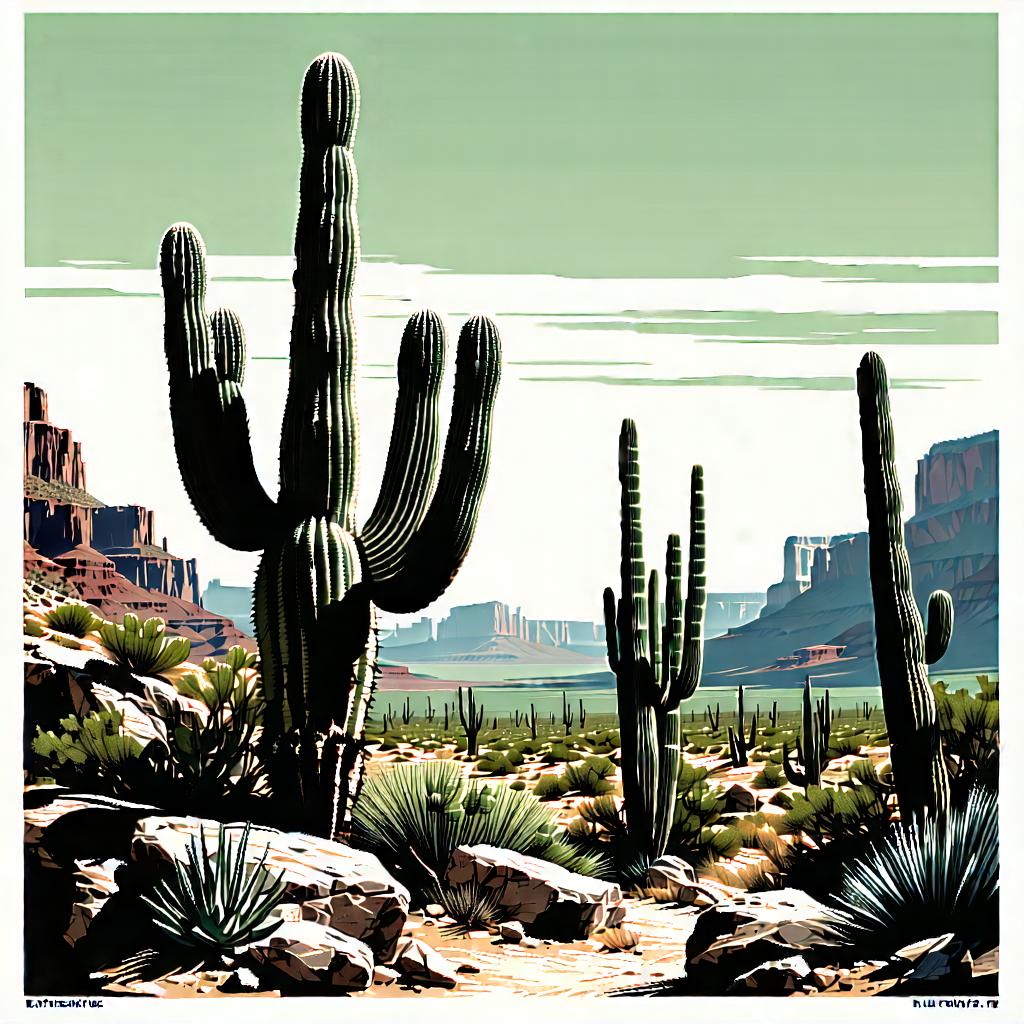 Nature Linocut Print: Cactus In Rocky Terrain With Desert Landscape