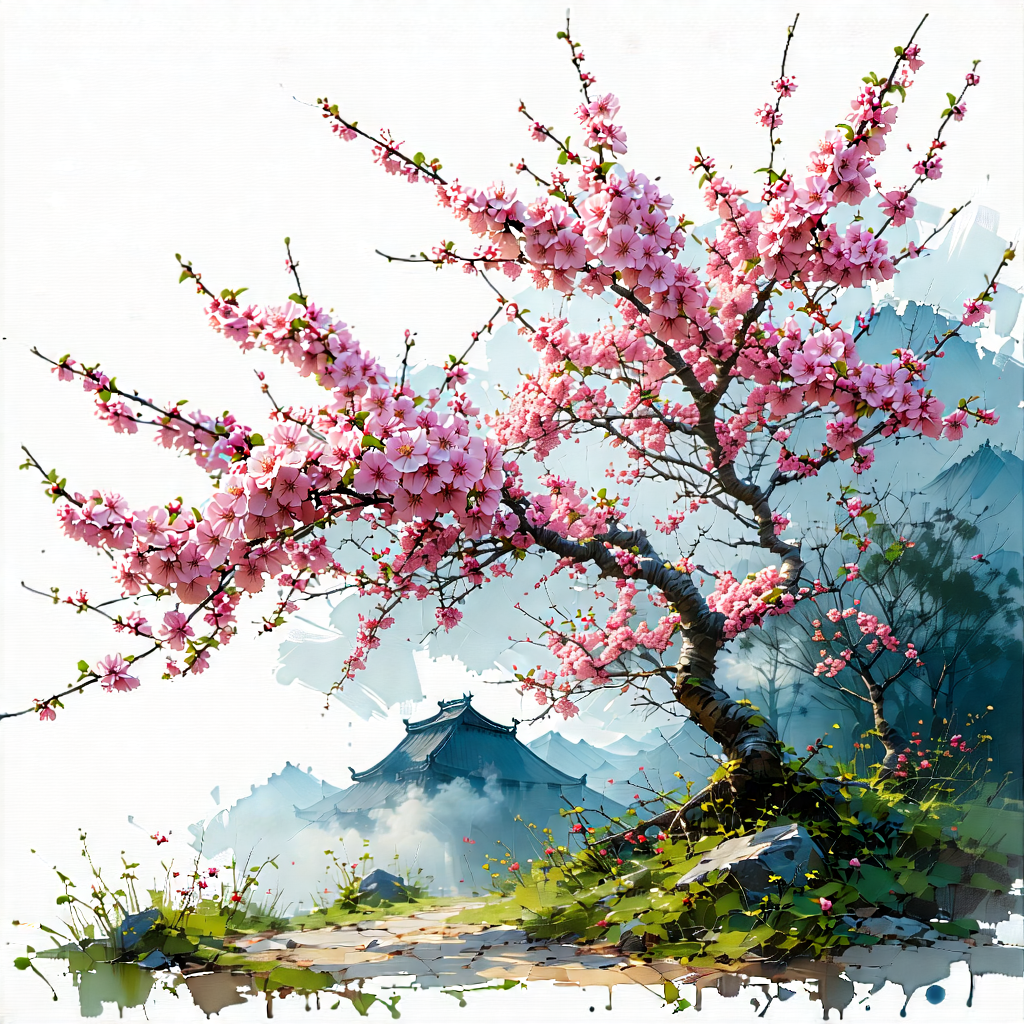 Nature Lithograph: Cherry Blossoms In Natural Setting With Beautiful Tree