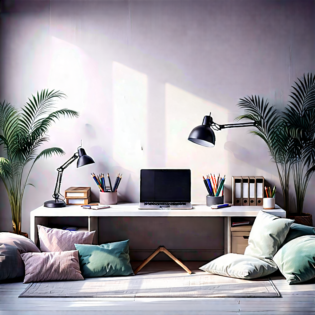 Lifestyle Infographic Style: Home Office With Comfortable Textiles With Room Desk