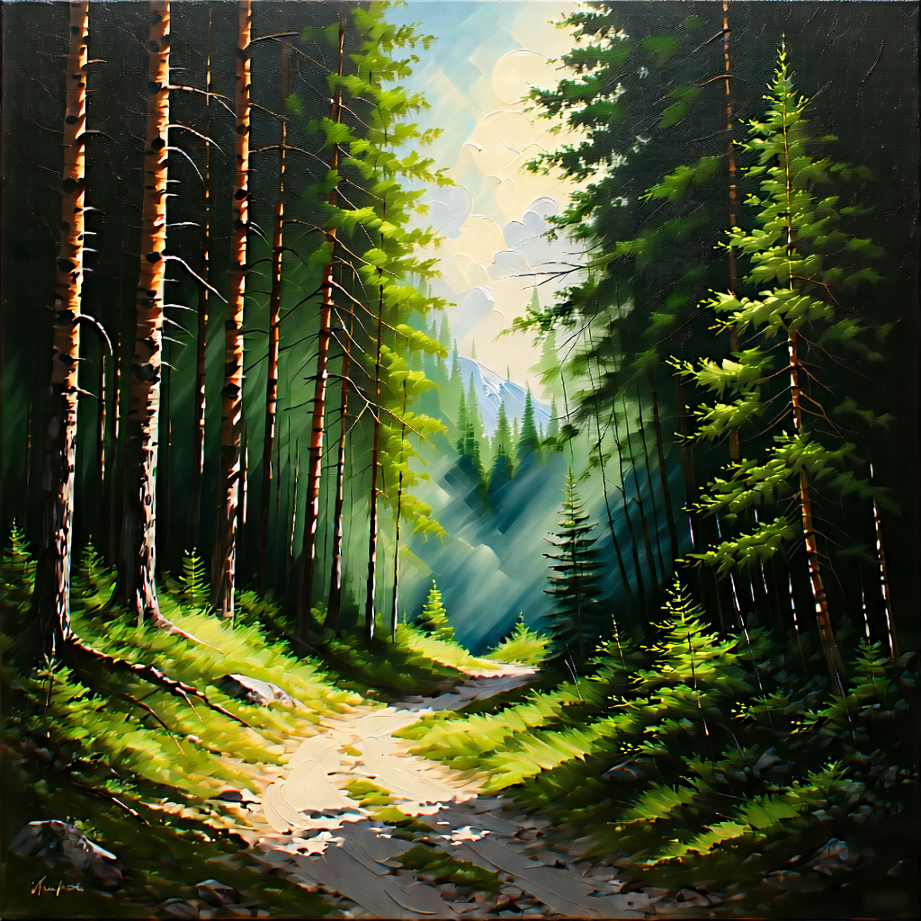 Nature Oil Painting: Path through pine forest