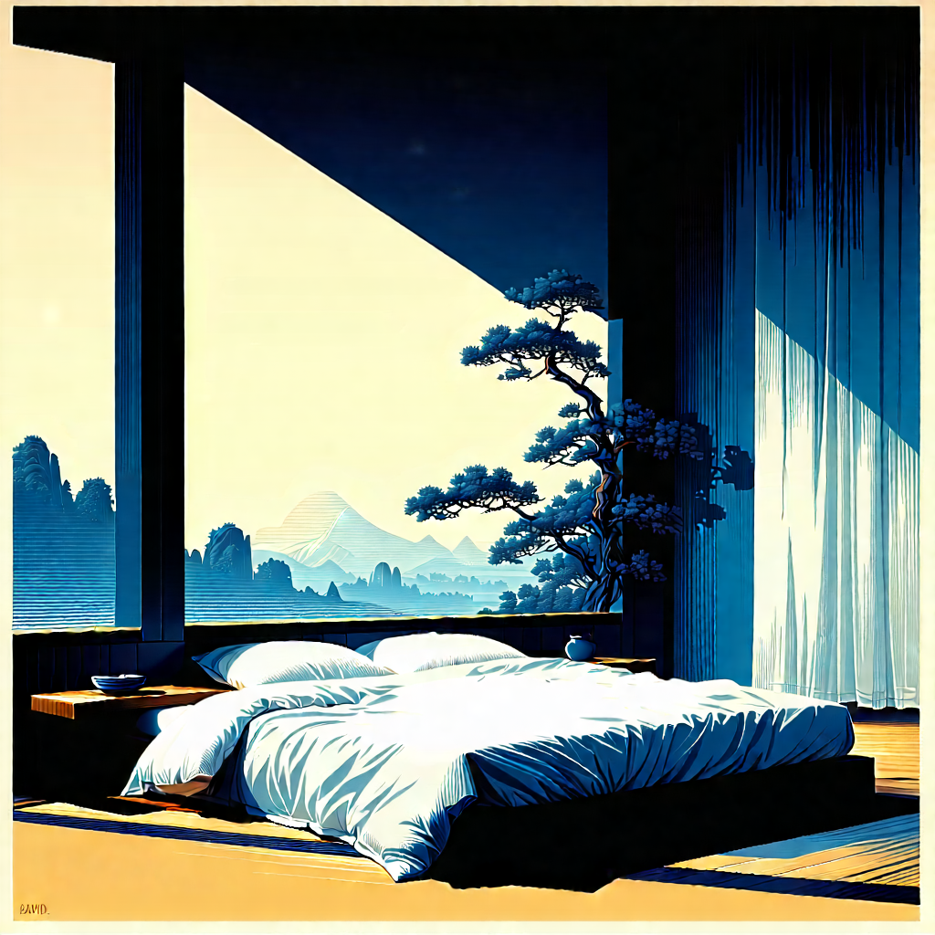 Lifestyle Linocut Print: Bedroom Sanctuary With Minimalist Decor With Painting Bedroom