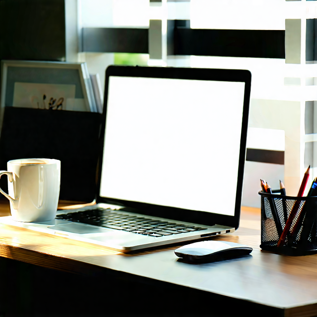 Business Long Exposure Photography: Workplace With Laptop And Coffee On Desk With Wooden Desk