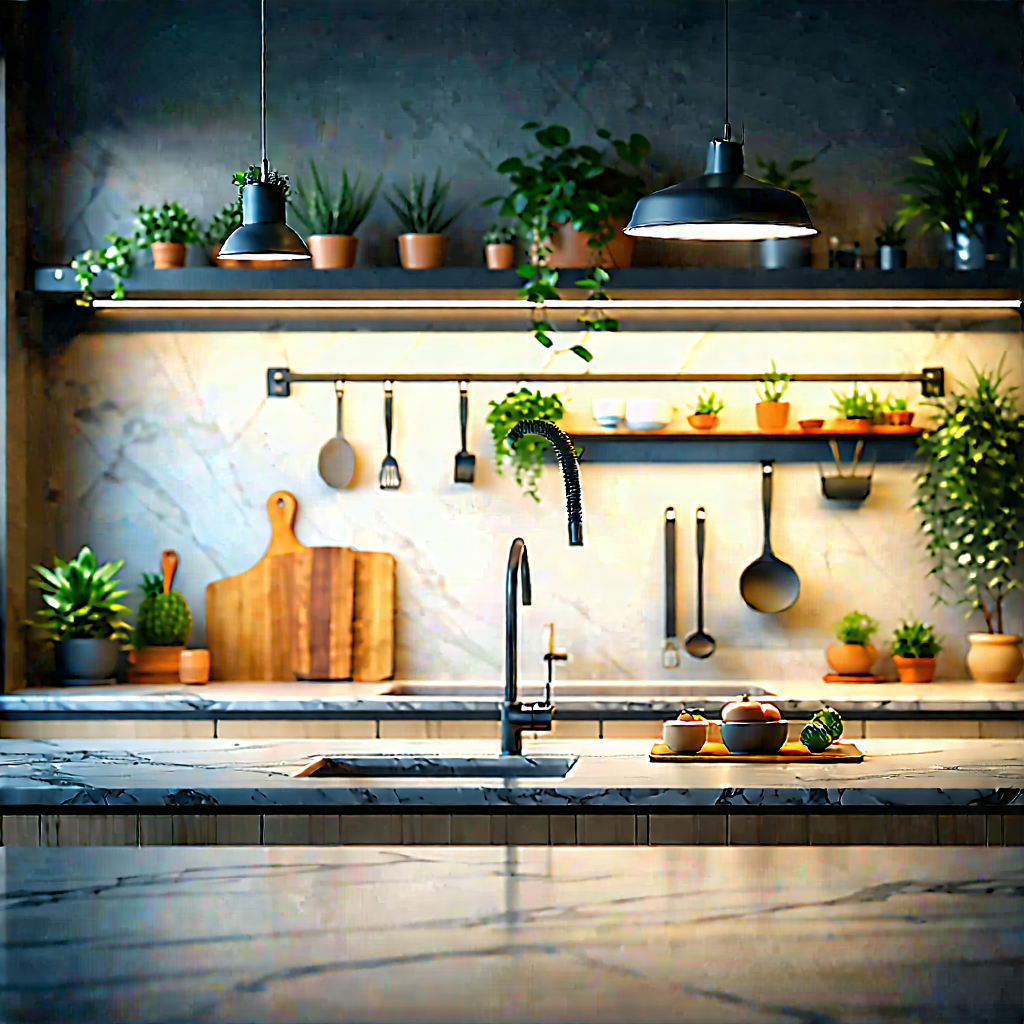 Lifestyle Tilt-shift Photography: (modern:1.17) Kitchen With Warm (lighting:1.12) With Kitchen Sink