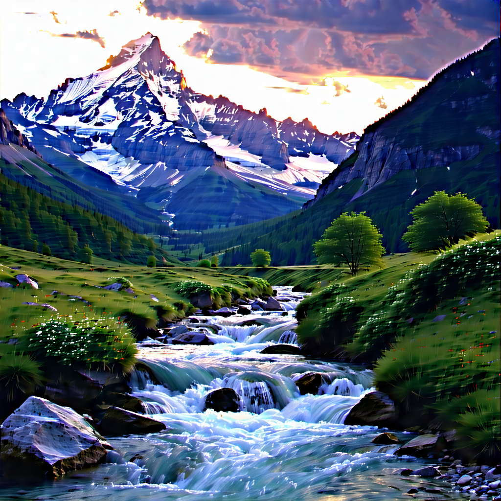 Nature Tilt-shift Photography: (mountain:1.26) Stream Surrounded By (mountain:1.46) Peaks With Beautiful Mountain