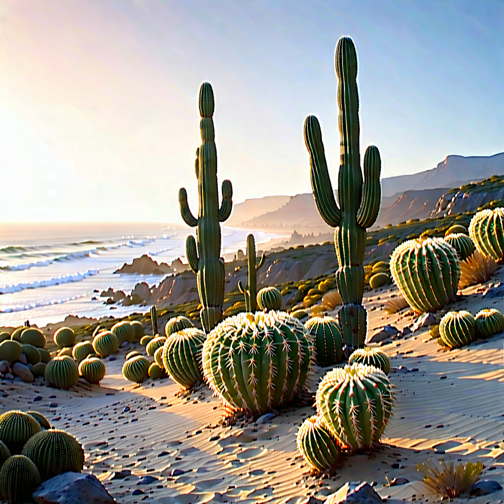 Nature Technical Illustration: Cactus In Coastal Environment With Beautiful Beach