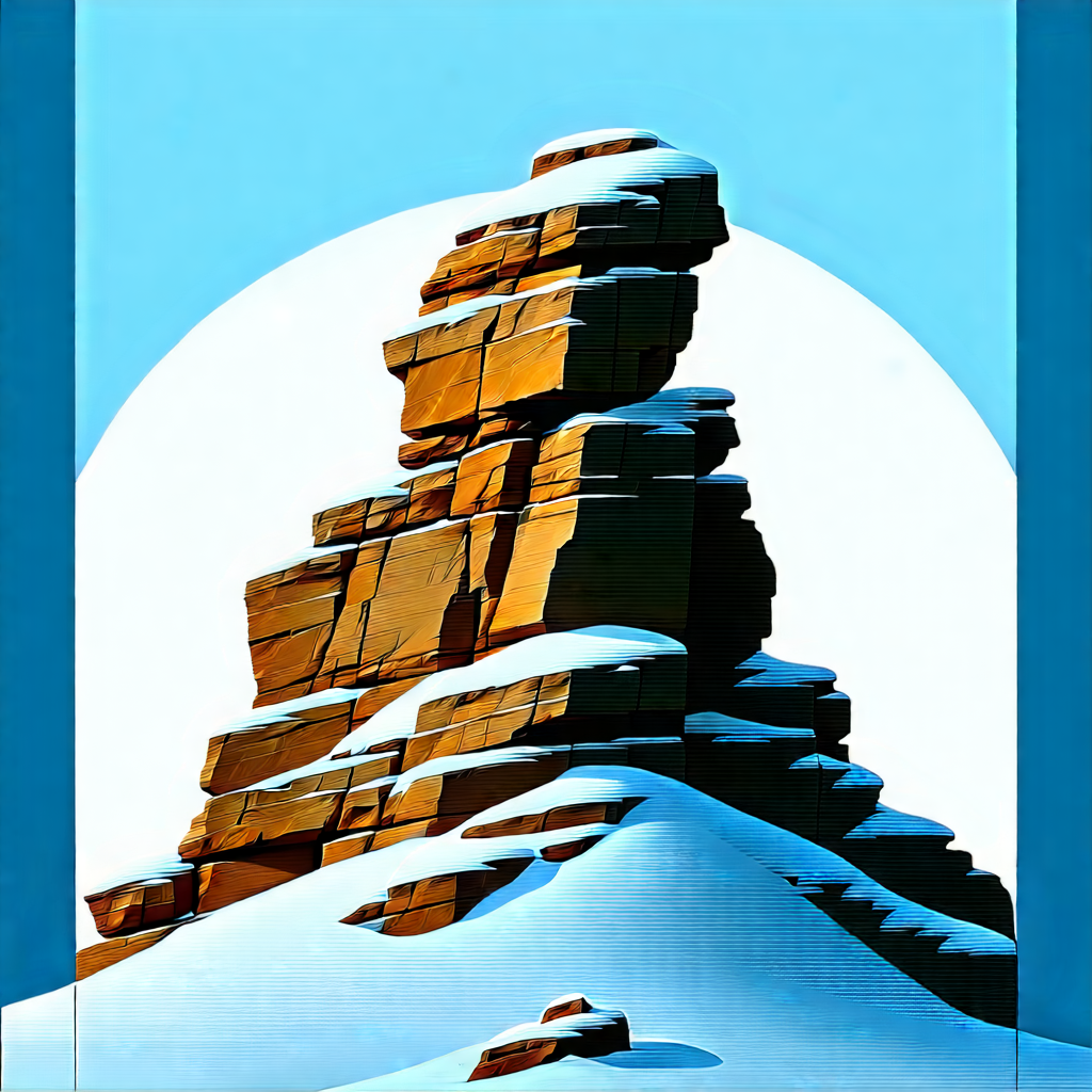 Nature Flat Design: Rock Formation In Winter Snow With Large Rock