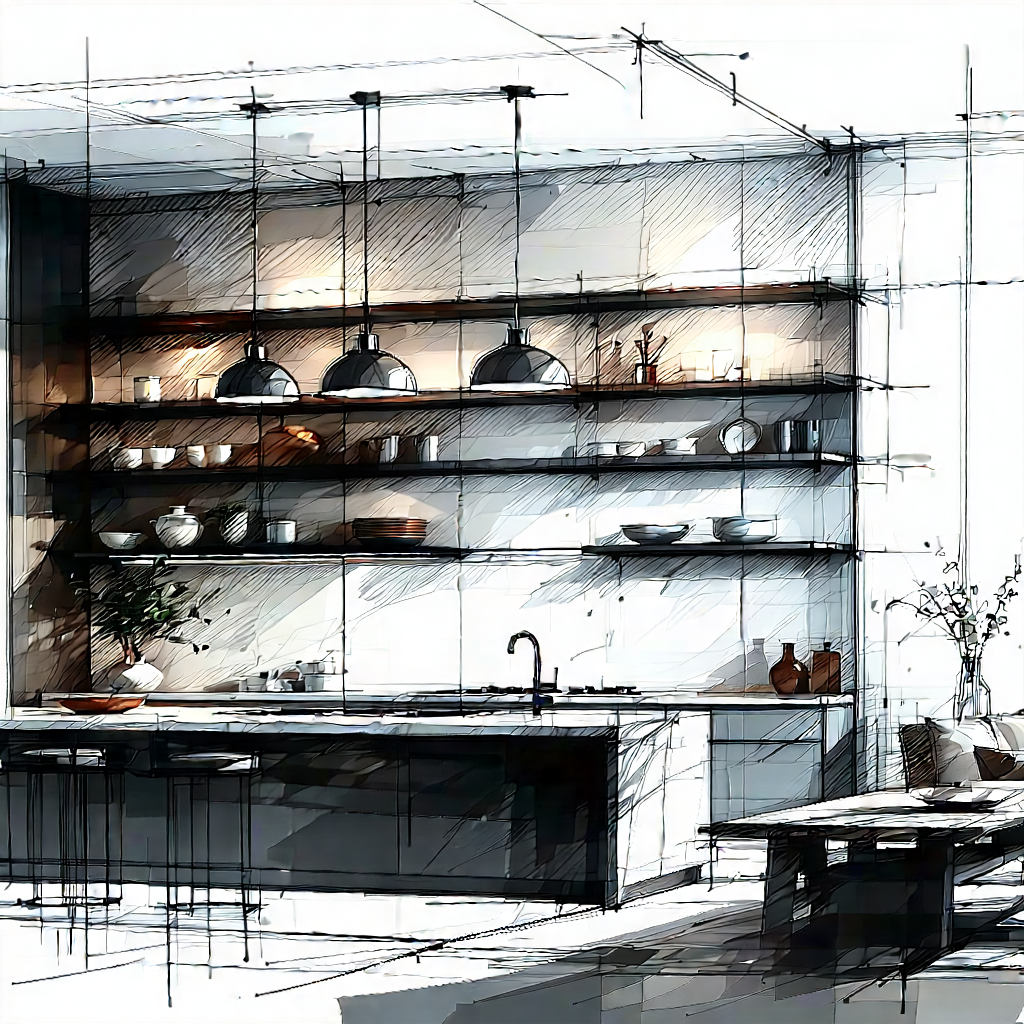 Lifestyle Pencil Sketch: Modern Kitchen With Minimalist Decor With Drawing Kitchen,