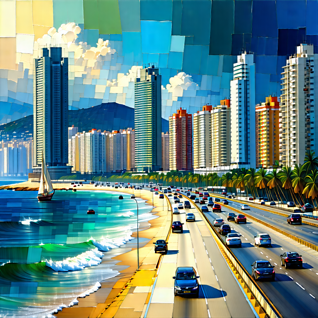 Urban Gouache Painting: Cityscape Of Coastal (city:1.28) During Rush Hour With Painting Cityscape