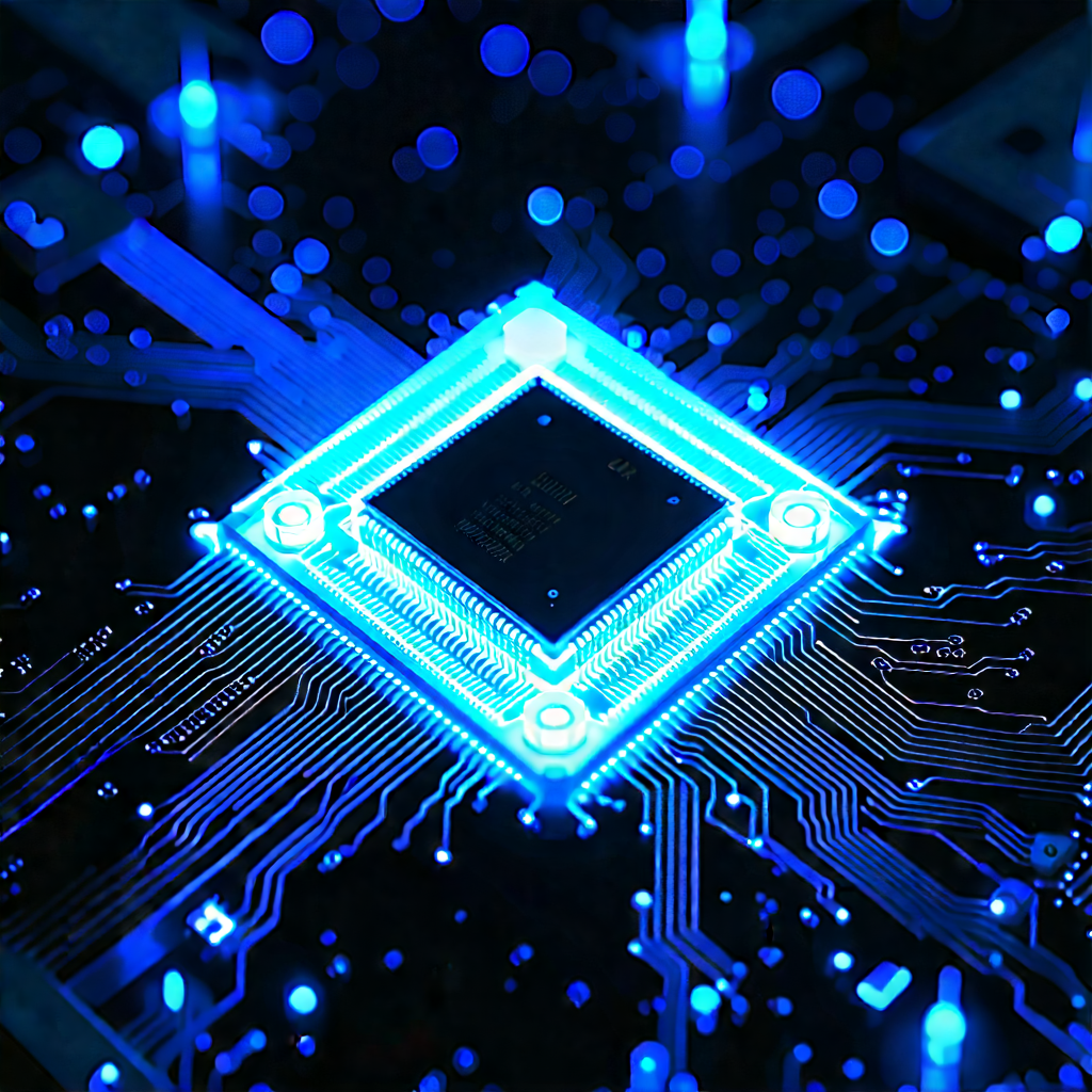 Tech Aerial Photography: Microchip with blue light glow