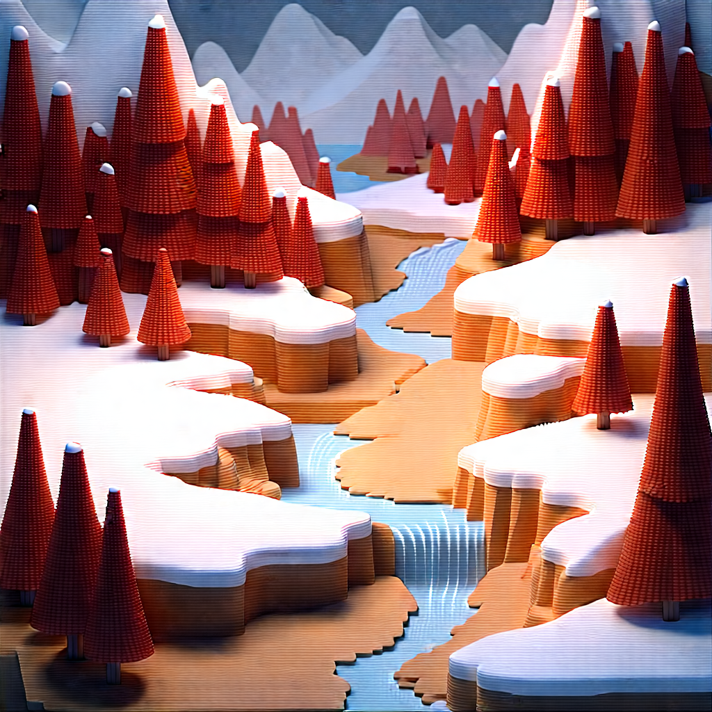 Nature Isometric Design: (mountain:1.38) Stream Surrounded By Snow-covered (trees:1.2) With Three-dimensional Model
