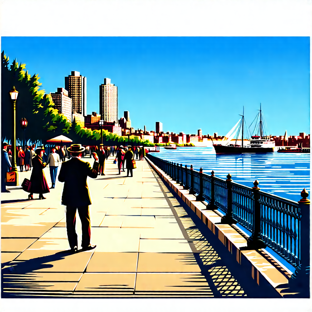Urban Linocut Print: Waterfront promenade with street performance
