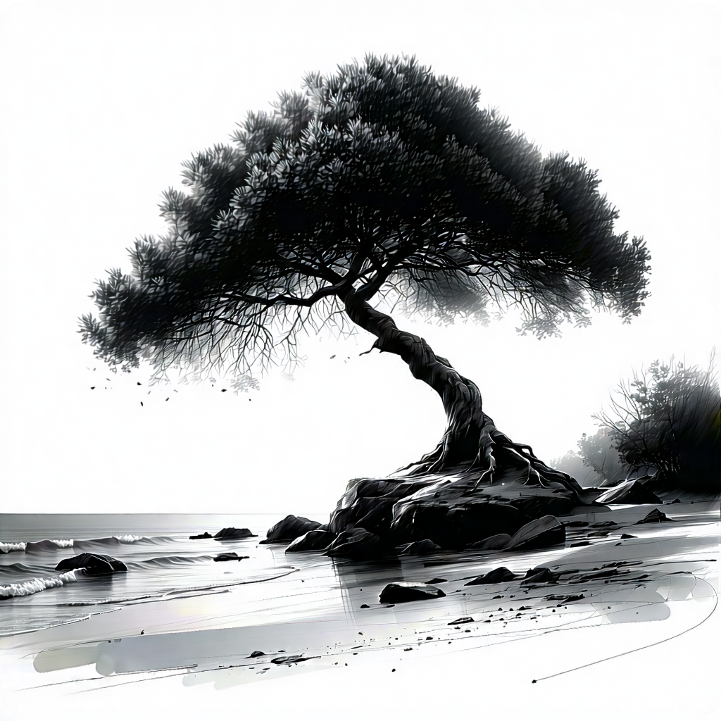 Nature Pencil Sketch: Ancient (tree:1.2) In Coastal Environment With Black White