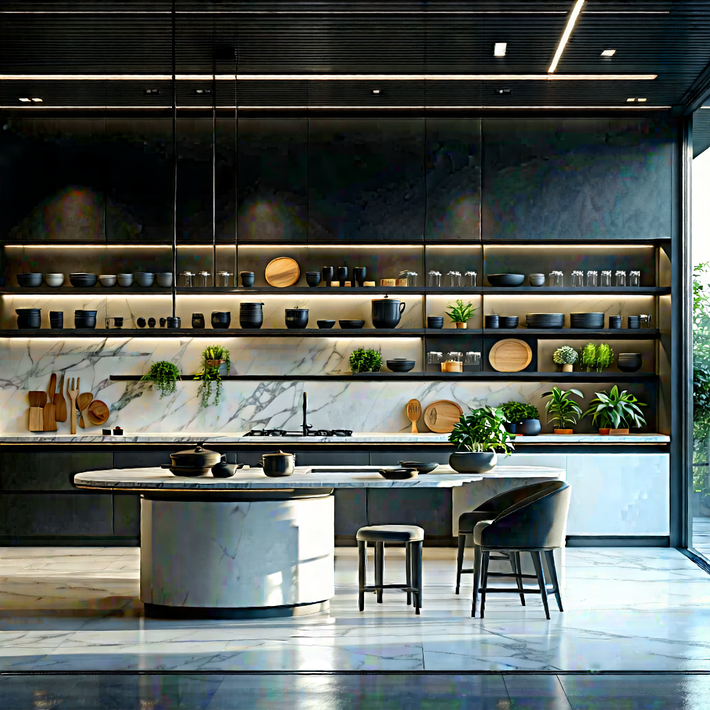 Lifestyle Octane Render: Modern Kitchen With Organized Space With Showcases Large,