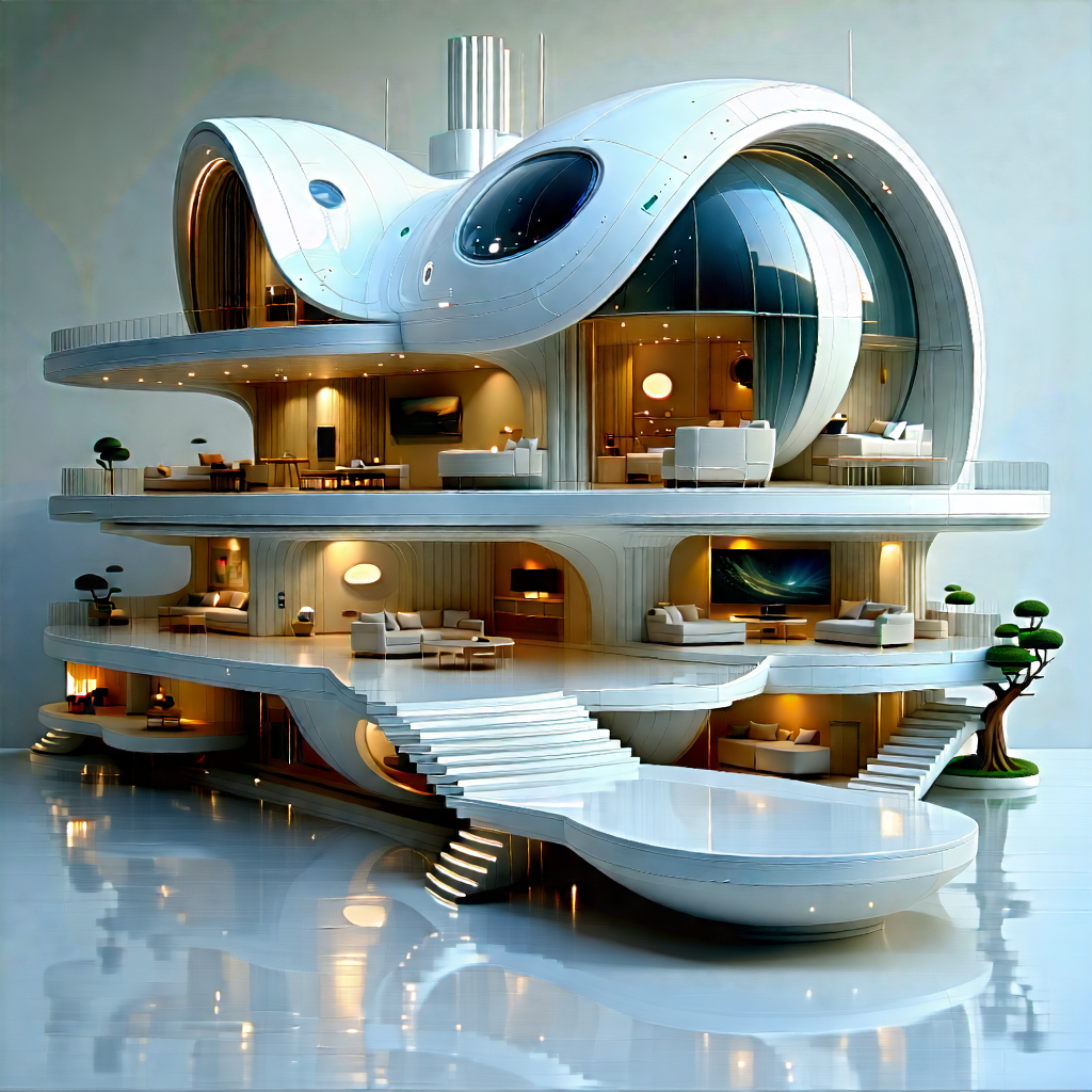 Tech Oil Painting: (futuristic:1.39) Smart Home With Large, Modern,