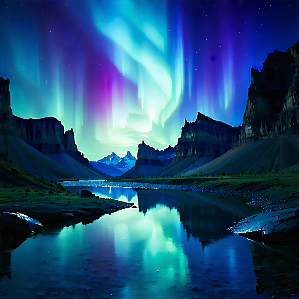 Nature Advertising Photography: Northern Lights Over Canyon Floor With Serene Scene