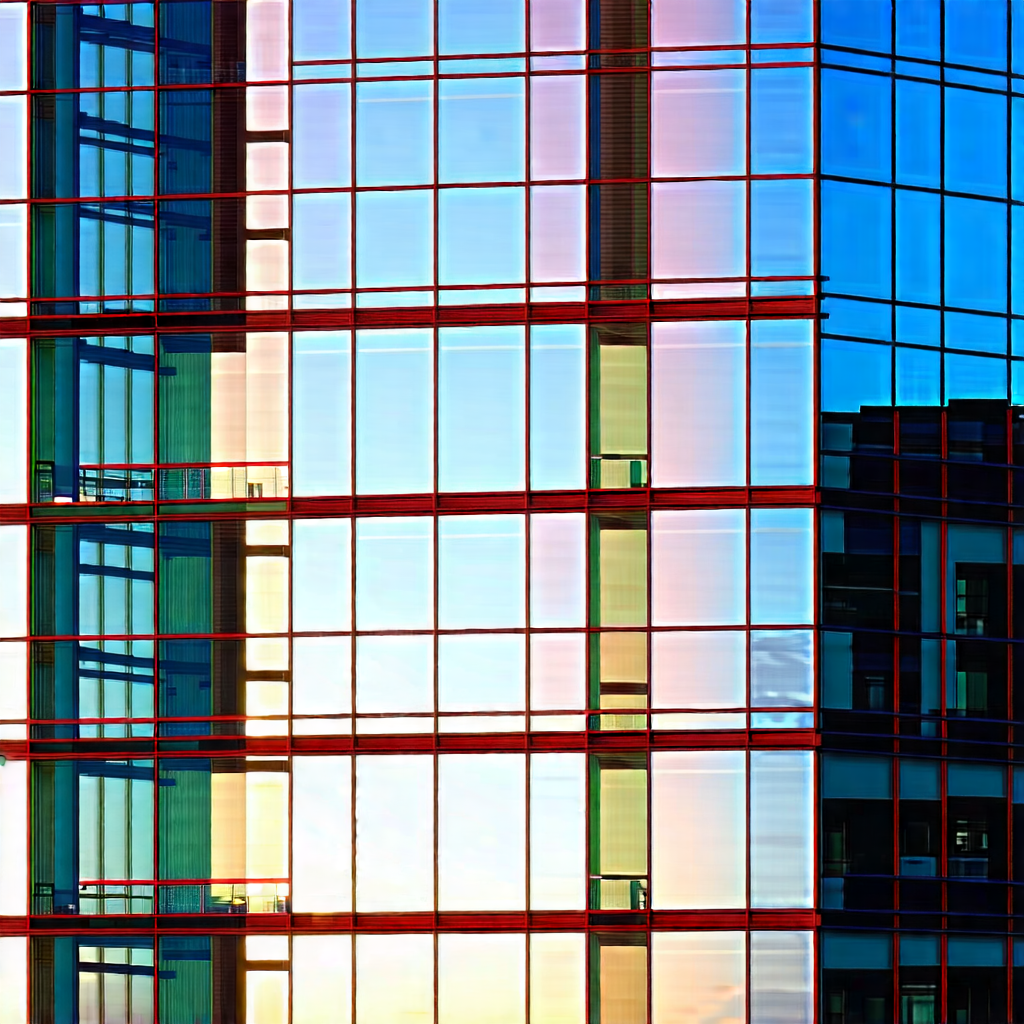 Urban Advertising Photography: Glass Office Tower With Reflective Glass With Large Building