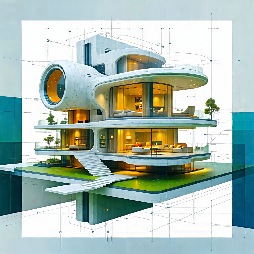 Tech Technical Illustration: Futuristic Smart Home With Drawing Large,