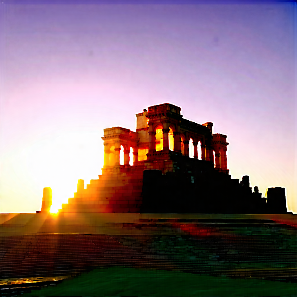 Urban Digital Illustration: Historic Monument With Sunset (glow:1.13) With Large, Ancient