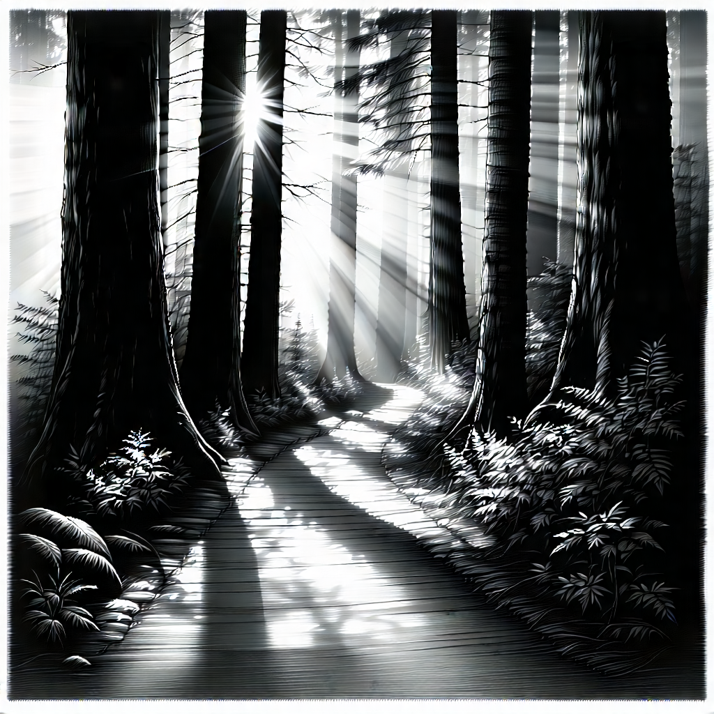 Nature Charcoal Drawing: Path through redwood forest