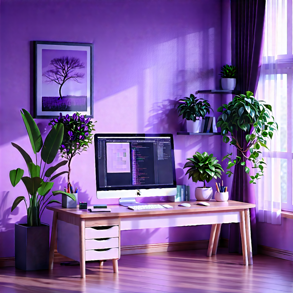 Lifestyle Advertising Photography: Home Office With Plants And Natural Elements With Purple Room