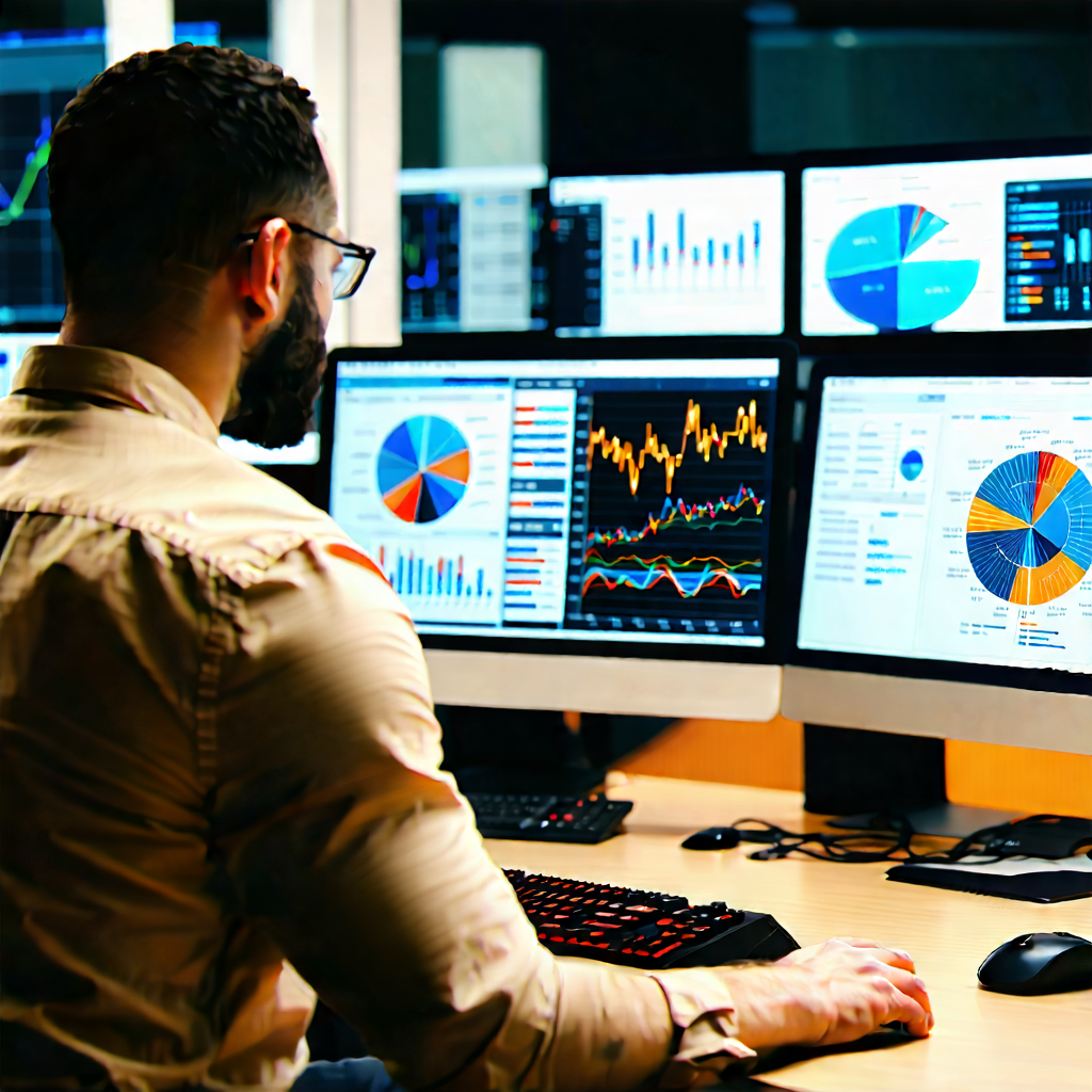 Business Advertising Photography: Finance professional using multiple monitors