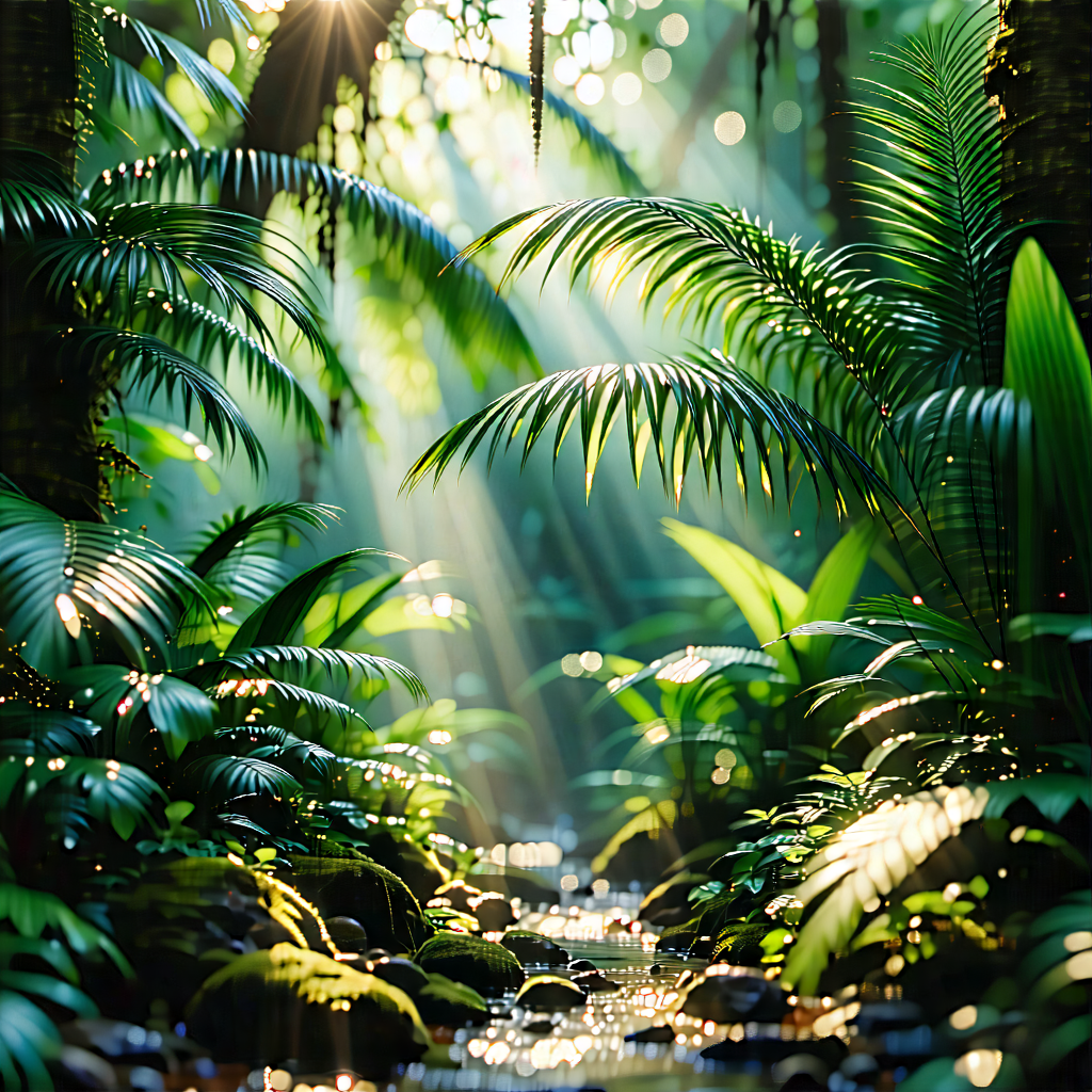 Nature Tilt-shift Photography: Tropical Plants In Sunlit Clearing With Lush Green