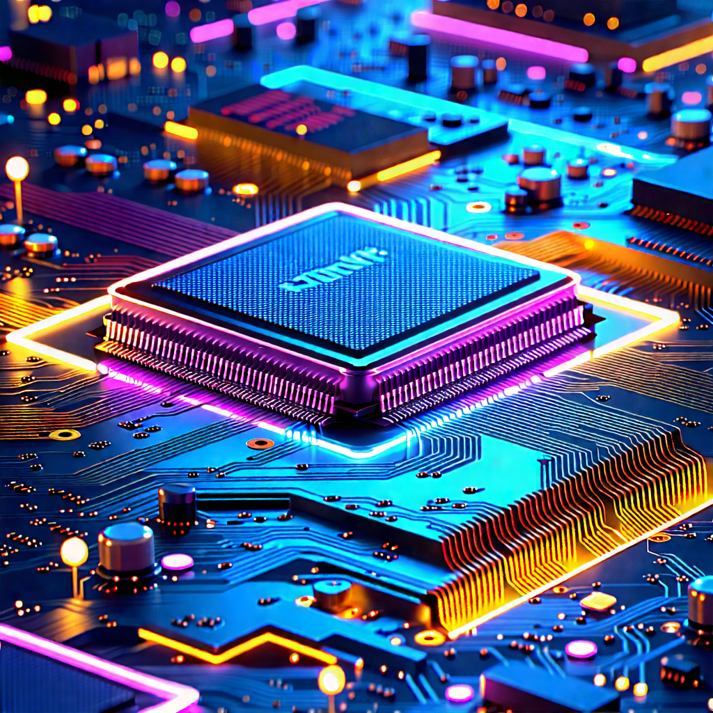 Tech Low Poly: Circuit board with neon accents