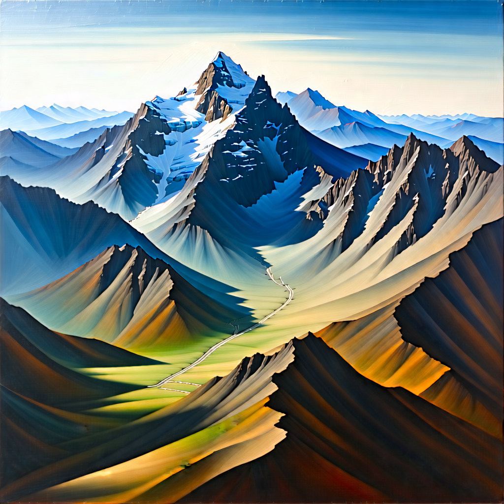 Nature Gouache Painting: Aerial View Of Mountain Range With Large Mountain