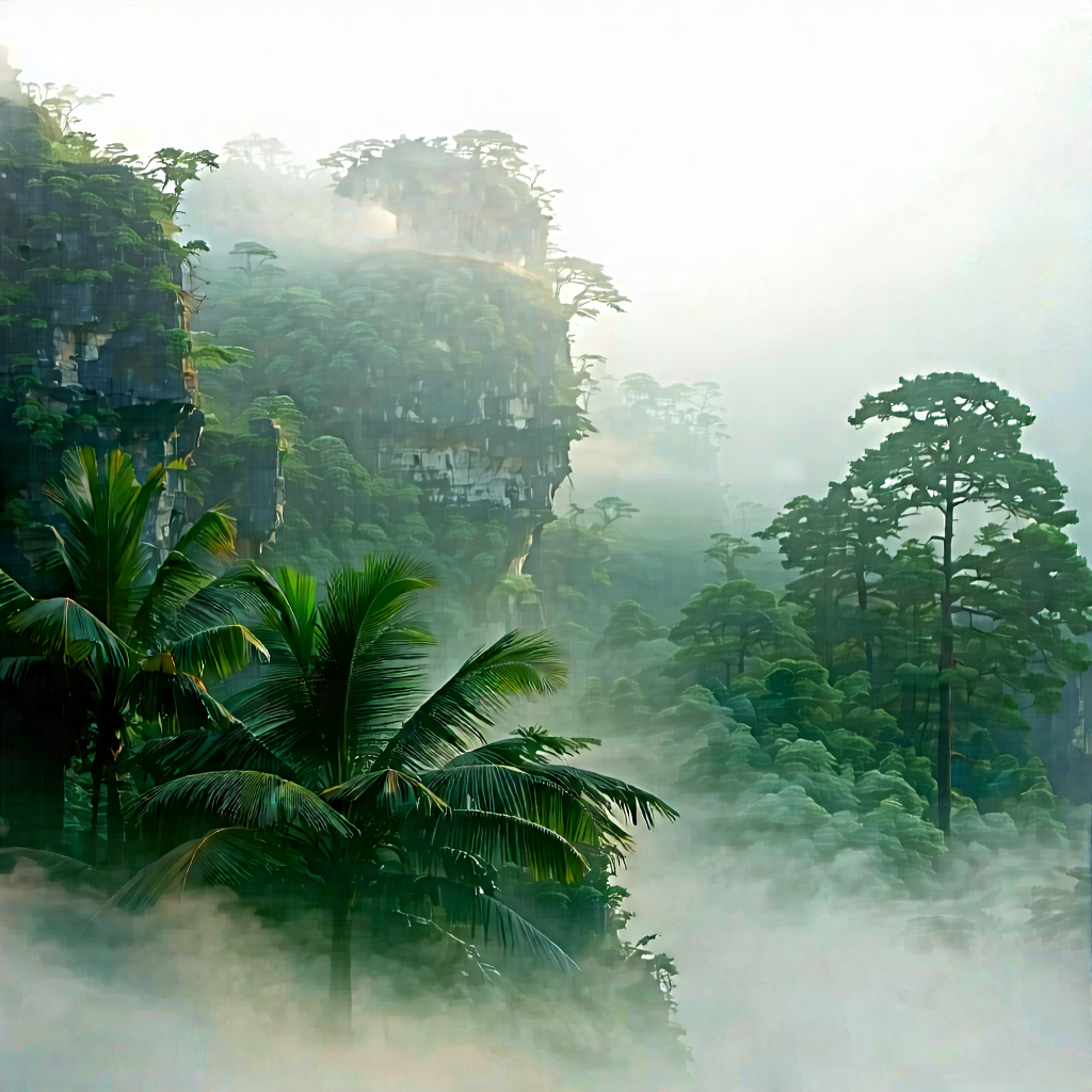 Nature Minimalist Design: Tropical Plants In Misty Environment With Image, There