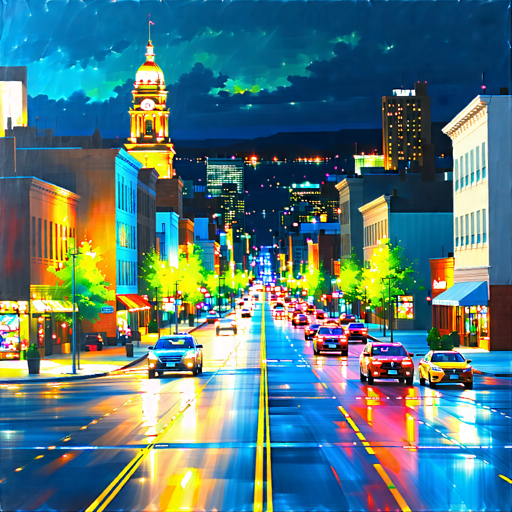 Urban Acrylic Painting: Cityscape of small town during rush hour