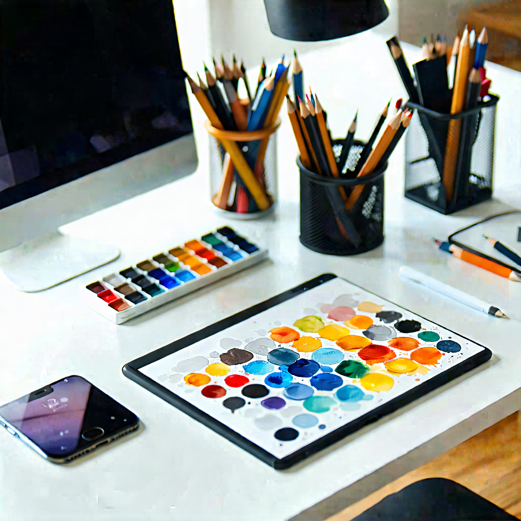 Business Gouache Painting: Workplace with digital devices on desk