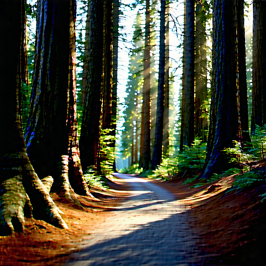 Nature Tilt-Shift Photography: Path through redwood (forest:1.11)