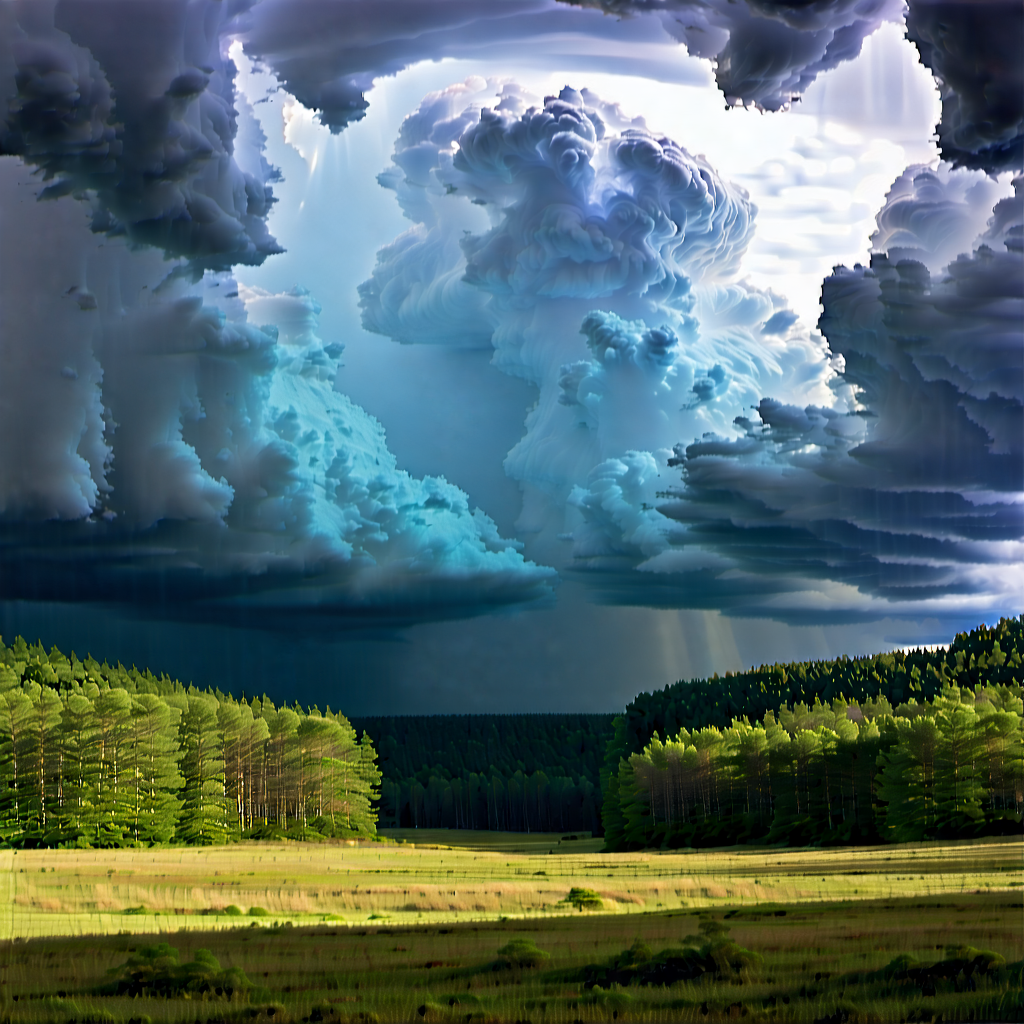 Nature Flat Design: Storm Clouds Over (forest:1.33) Clearing With Large, Dark