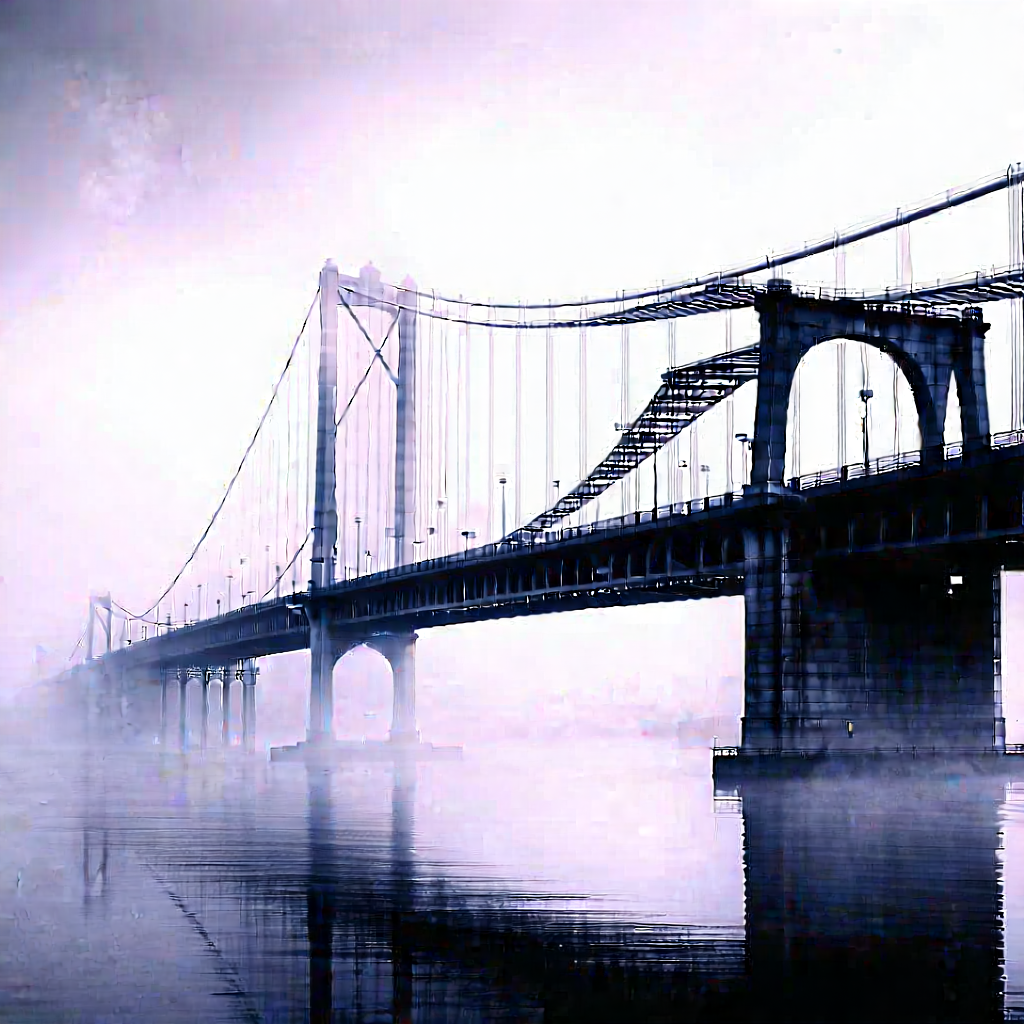 Urban Etching: Iconic bridge with morning (mist:1.39)