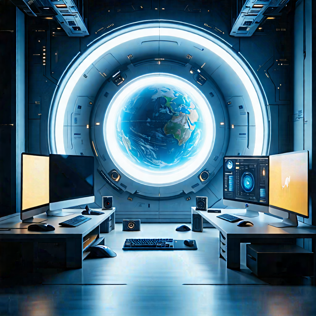Tech Drone Photography: (futuristic:1.12) (digital:1.14) Workspace With Image, There